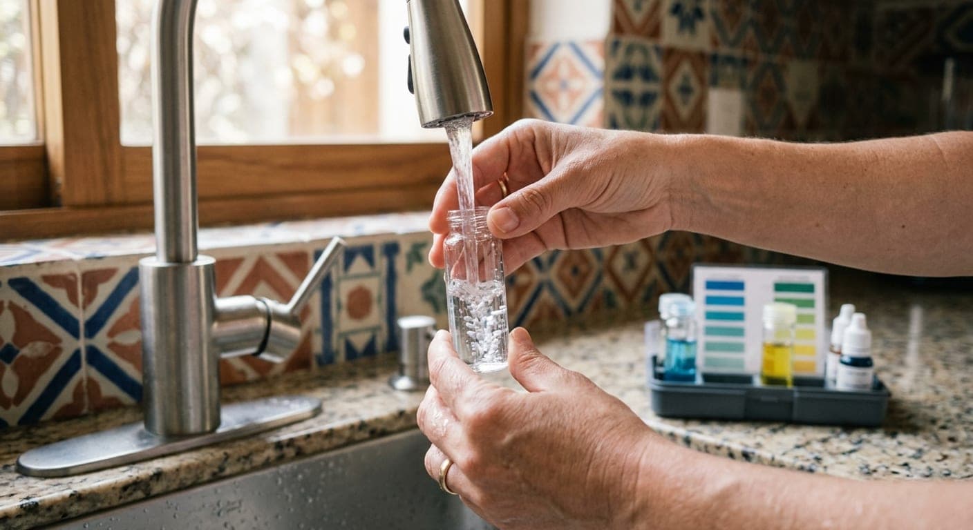 Someone filling a glass from a kitchen tap next to a water test kit with colour-coded reagent bottles on the counter