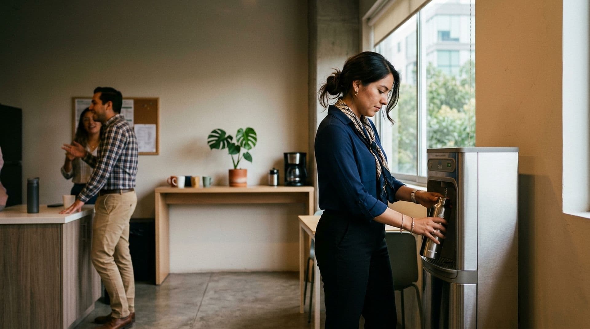 A woman filling a bottle at a water dispenser in an office break room