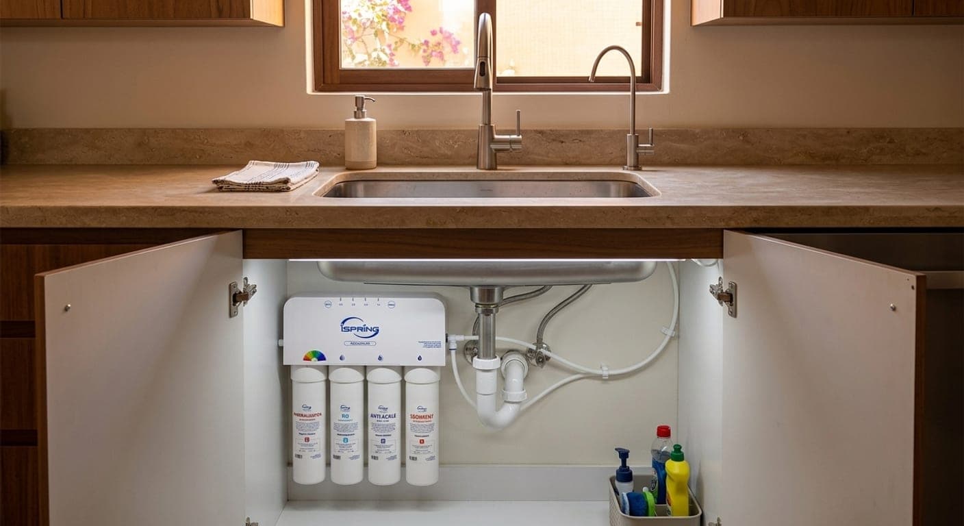 An under-sink reverse osmosis system mounted inside a kitchen cabinet, plumbed to a separate drinking faucet on the counter above