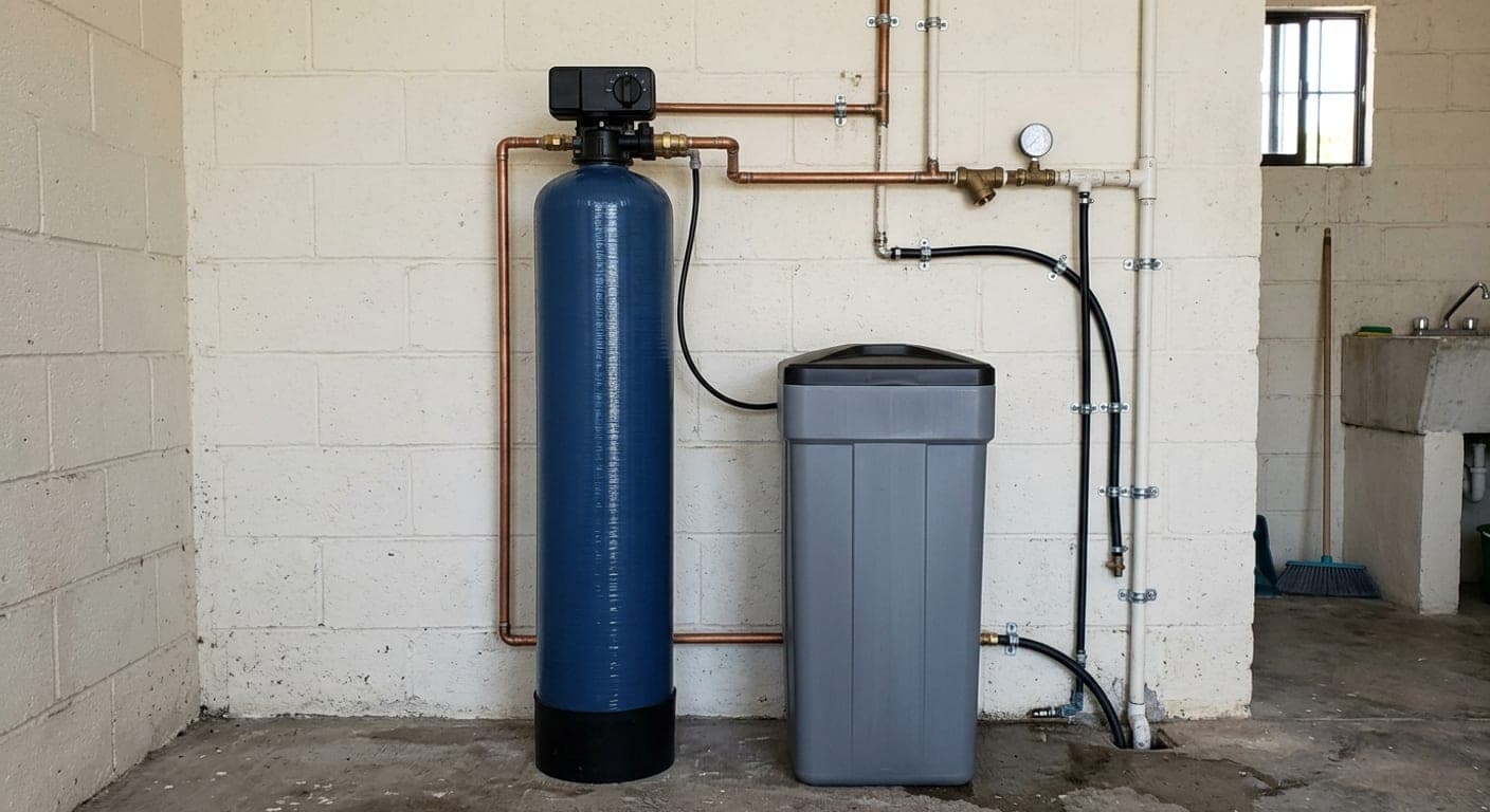 A water softener installed against a utility room wall: a tall resin tank plumbed into the main line in copper, with its separate brine tank for salt beside it