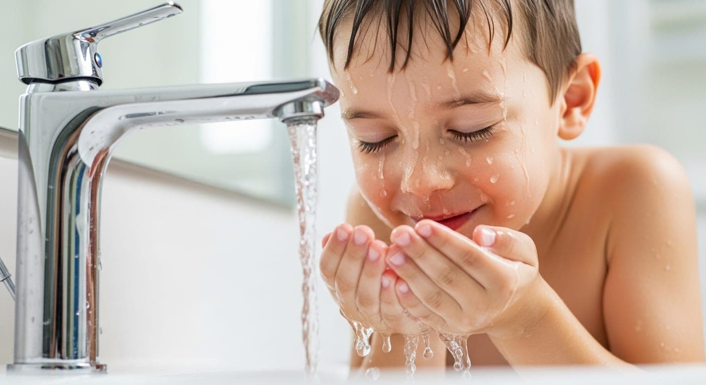 A child washing his face with clean filtered water at home
