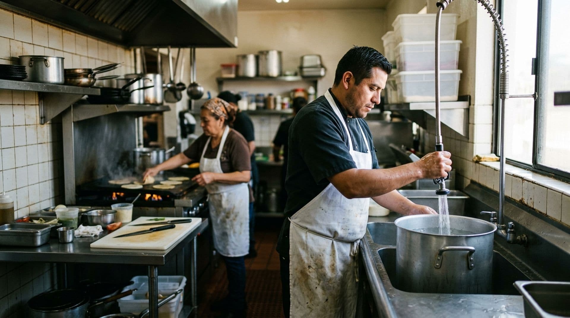 Cook filling a pot with purified water in a restaurant kitchen