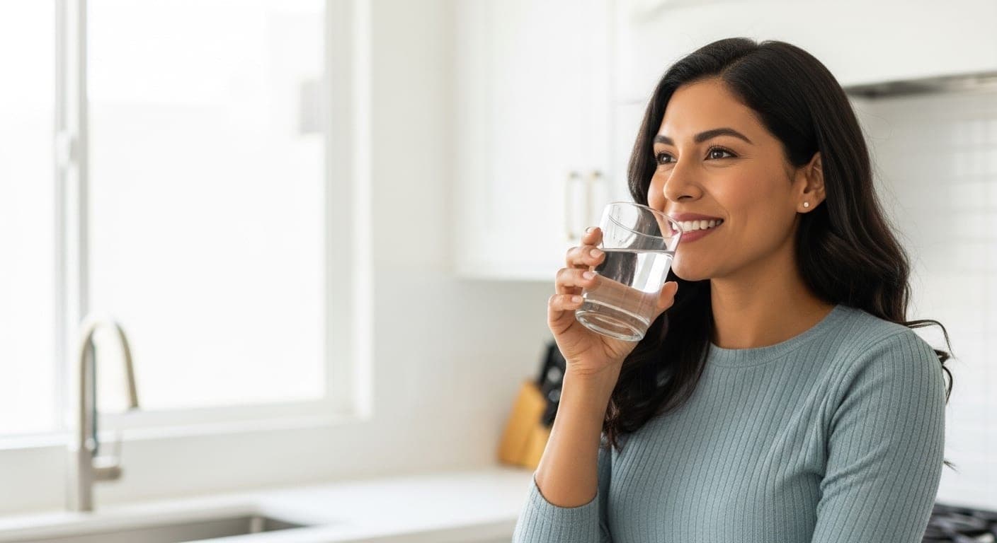 Resident drinking clean filtered water in an Ensenada kitchen