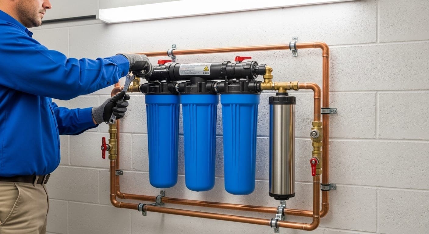 Professional water filtration installation with copper plumbing