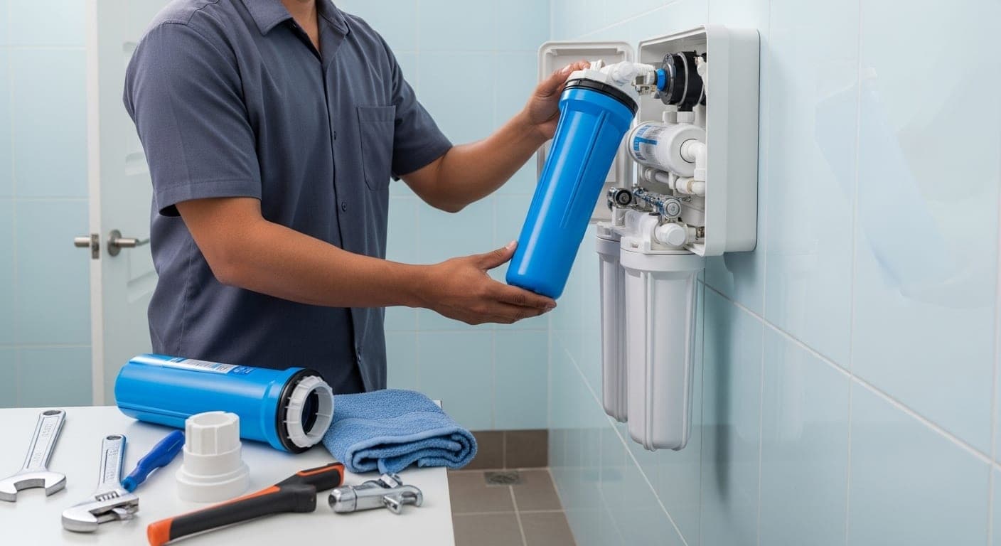Technician performing maintenance on a home water filtration system