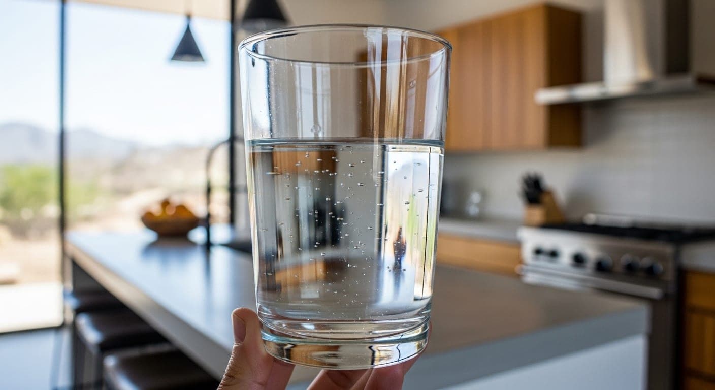 Glass of clean filtered water with kitchen counter background