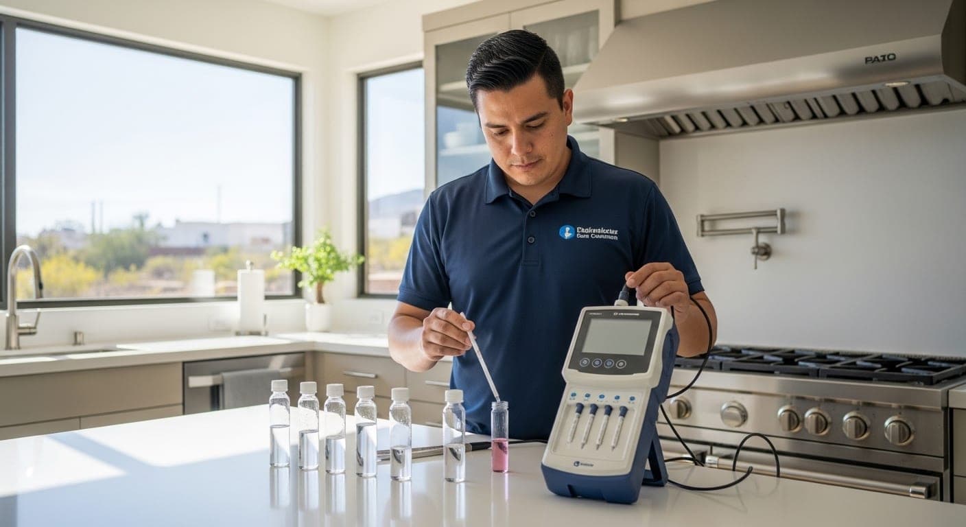 Hands holding water test equipment in front of a home water supply